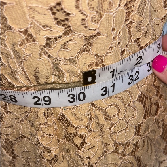 Vintage VICTORIAN Handmade Tan Lace Fitted Midi Short Sleeve Dress Zipper Back - Picture 10 of 14